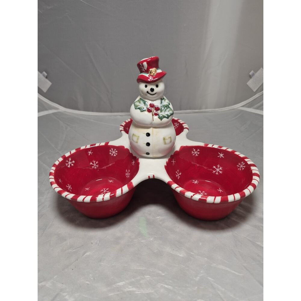 💥 Tracy Porter Jolly Ol Snowy Red Tripe Condiment Server Center Handle Snowman